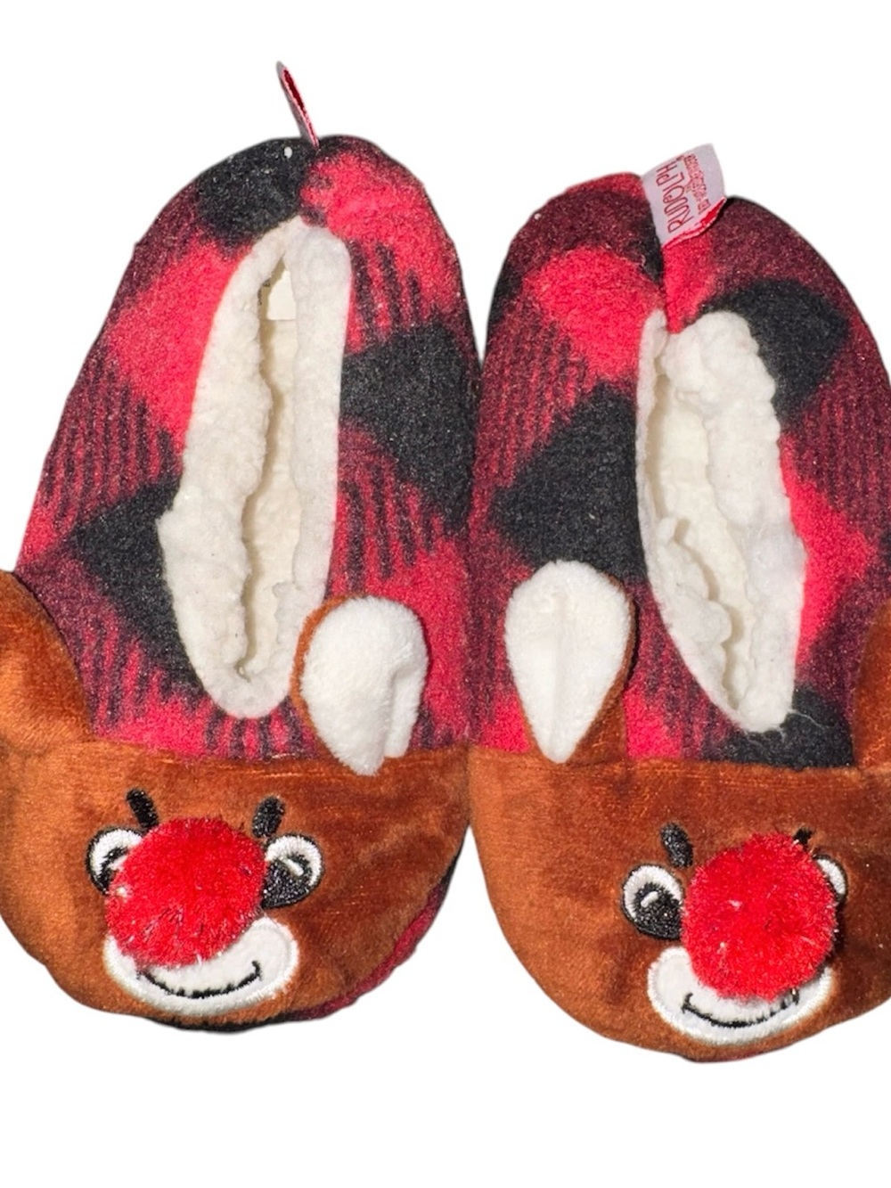 Kids Plush Reindeer Slipper Shoes - Red Plaid